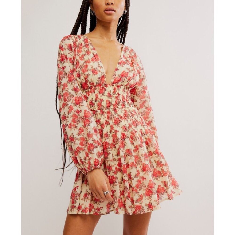 FREE PEOPLE Dress NWT Keep You Mini Fit & Flare Classic Combo Red Cream Size XS